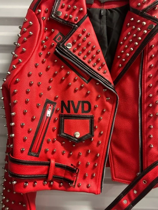 Red Studded Leather Jacket Sleeve Detail - Picture 7 of 10